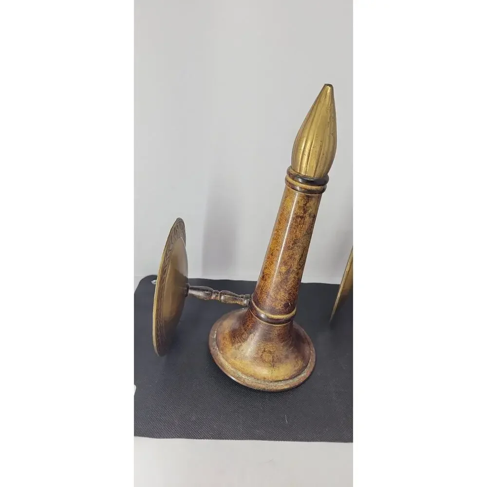 Vintage Pair MCM Brass Wood Tone Wall Candle Holder Sconces 1960s Mid Century